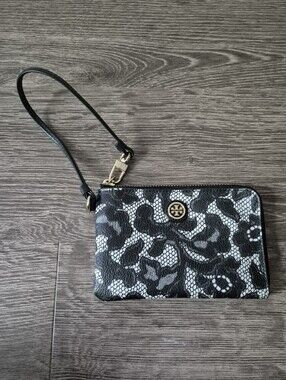 Tory Burch Black and White Lace Patterned Wristlet Clutch Coated Canvas